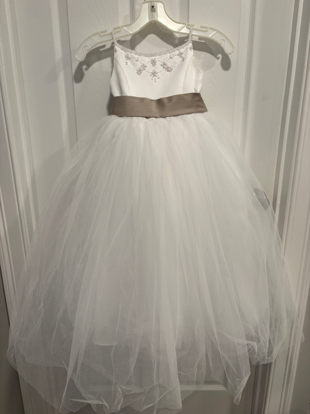 David's Bridal White Tulle Flower Girl Dress with Taupe Sash